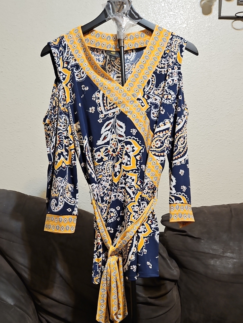 JM Collection Navy and Yellow Paisley Cold-Shoulder Wrap Blouse